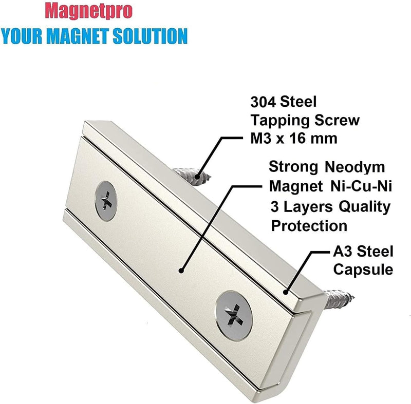 Magnetpro 16 Stück Rechteckmagnete 20 KG Kraft 40 x 13,5 x 5 mm mit Loch und Stahlkapsel, Haushalt und Industrielle Topfmagnet mit Schrauben