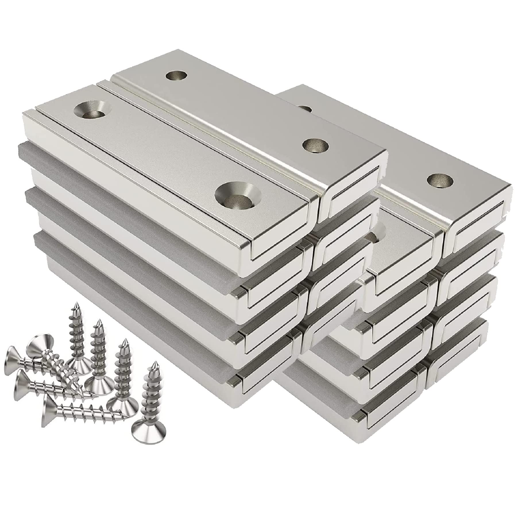 Magnetpro Pack de 16 imanes rectangulares de 20 kg de fuerza 40 x 13,5 x 5 mm con orificio y cápsula de acero, imán en recipiente doméstico e industrial con tornillos