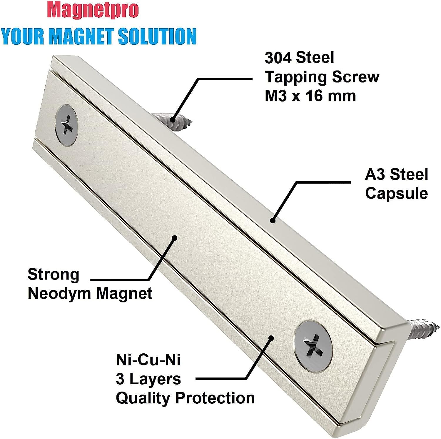 Magnetpro 2 piezas imanes rectangulares 30 kg de fuerza 60 x 13,5 x 5 mm con orificio y cápsula de acero, imán en recipiente doméstico e industrial con tornillos