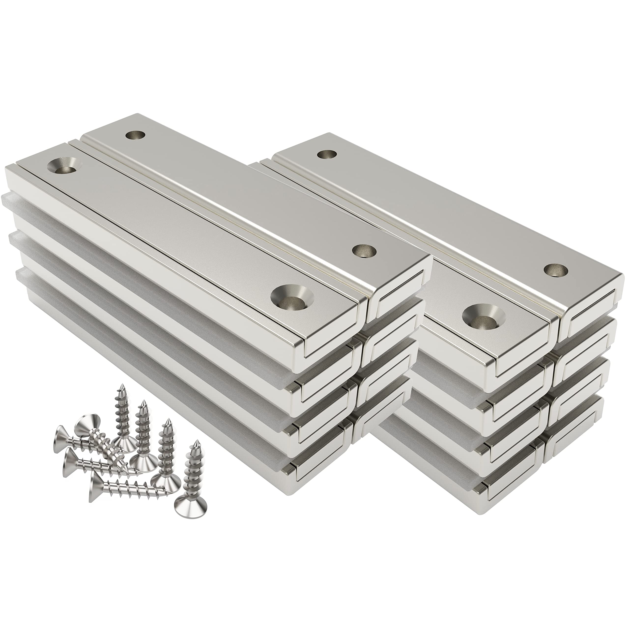 Magnetpro Pack de 16 imanes rectangulares 30 kg de fuerza 60 x 13,5 x 5 mm con orificio y cápsula de acero, imán en recipiente doméstico e industrial con tornillos