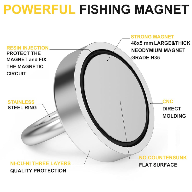 Magnetpro Magnete da pesca, Magnete al neodimio potente con forza di trazione di 440 libbre, Magneti per terre rare con golfare, Diametro 2,36 pollici per Pesca magnetica, Caccia, Recupero nel fiume