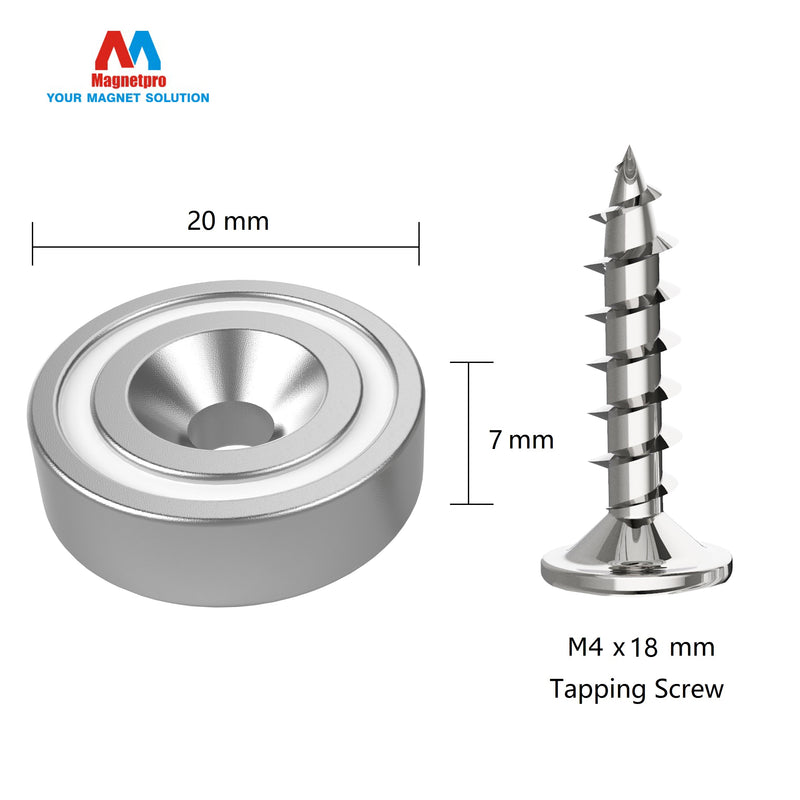 <transcy>12-teiliger Magnet 10 kg Kraft 20 x 7 mm mit Senkloch und Stahlkapsel, Topfmagneten mit Schrauben und 12 Stahlkissen</transcy>