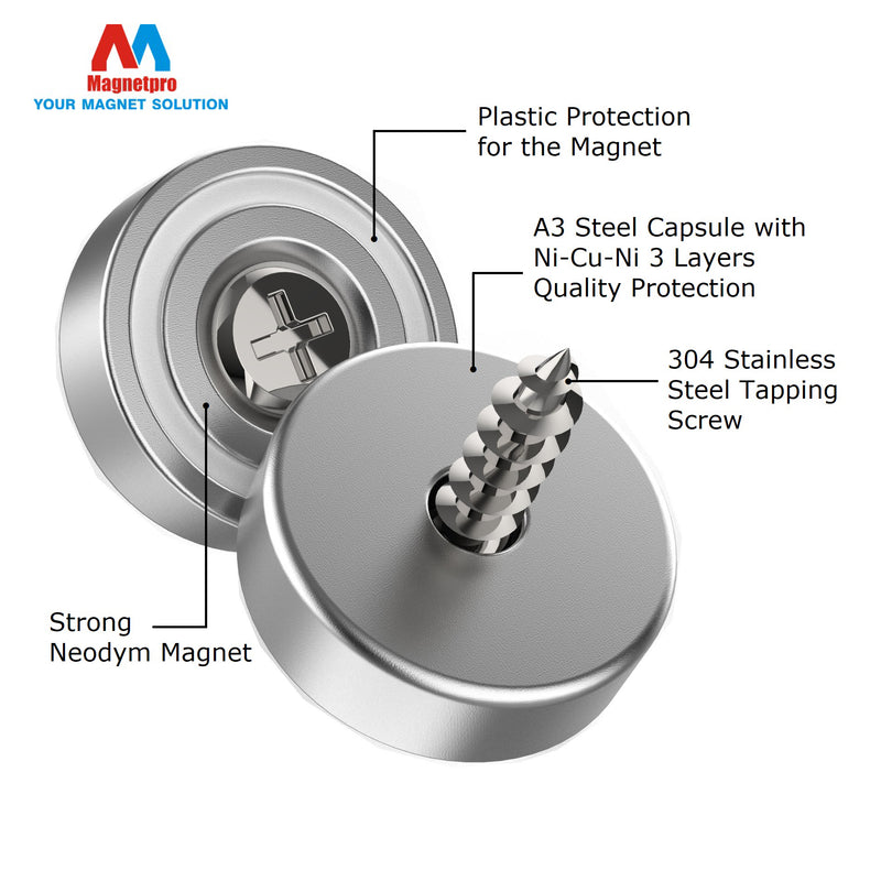 12 Pieces Magnet 10 KG Force 20 x 7 mm with Countersunk Hole and Steel Capsule, Pot Magnets with Screws and 12 Steel Pads