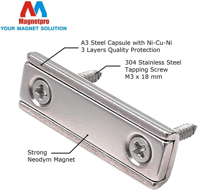 <transcy>8 Stück starke rechteckige Neodym-Magnete 20 kg Kraft 40 x 13,5 x 5 mm mit Senkloch, Stahlkapsel und Befestigungsschrauben</transcy>