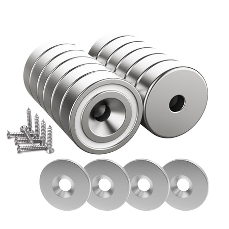 12 Pieces Magnet 10 KG Force 20 x 7 mm with Countersunk Hole and Steel Capsule, Pot Magnets with Screws and 12 Steel Pads