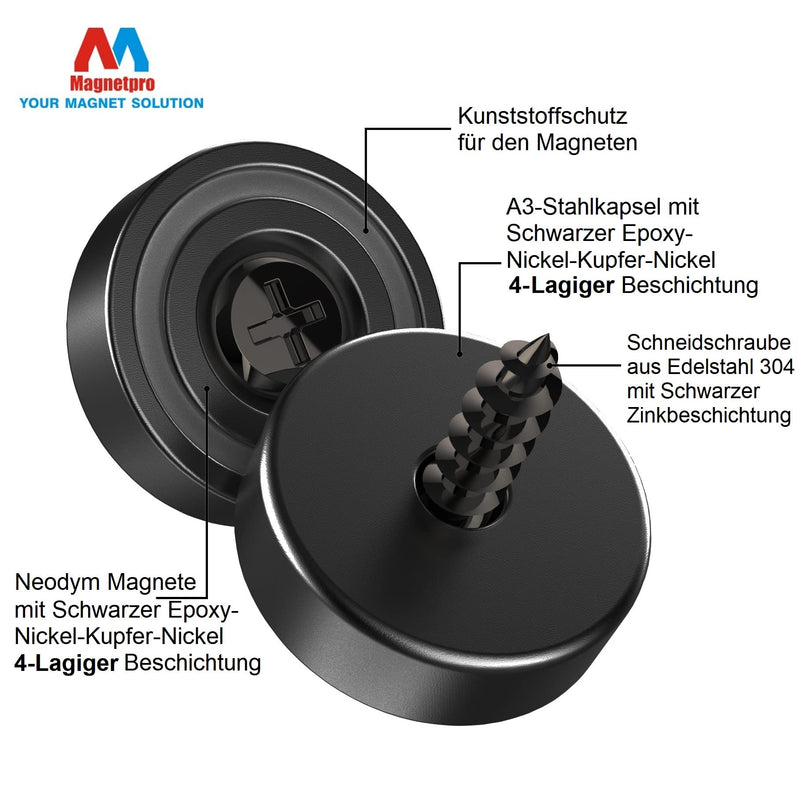 Magnetpro 12 Stück Magnete 10 KG Kraft 20 x 7 mm mit Loch und Kapsel, Senkkopf-Topfmagnet mit Schrauben und 12 Stahlkissen