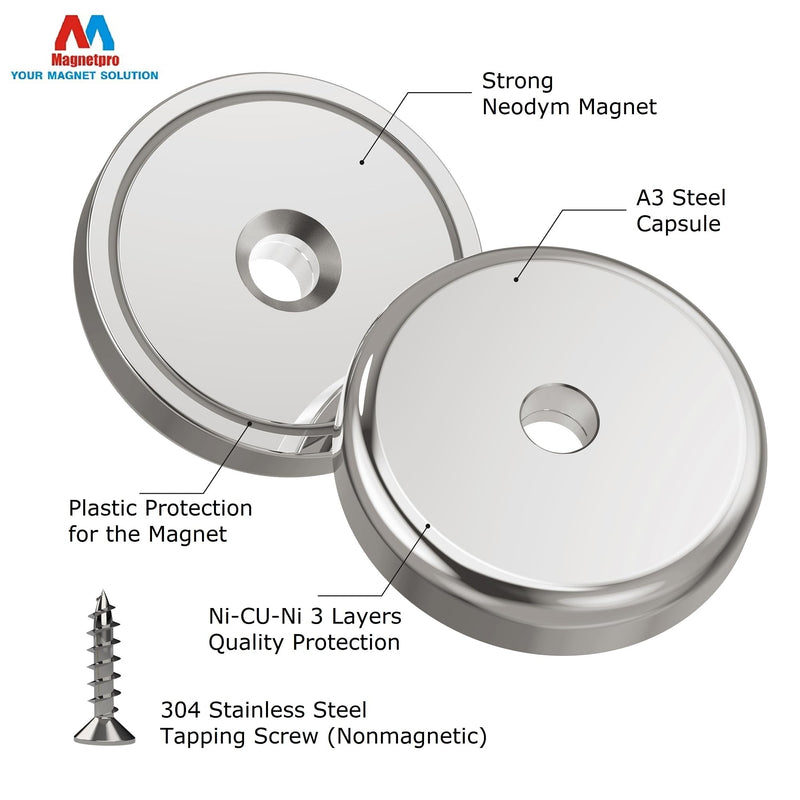 Magnetpro 6 Stück Scheiben Magnete mit Kapsel 40 KG Zugkraft 32 x 8 mm, Topfmagnet mit Schrauben