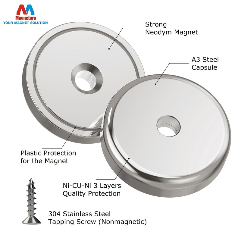 Magnetpro 6 pezzi dischi magnetici con capsula 55 kg forza di trazione 36 x 8 mm, magnete con base in acciaio con viti