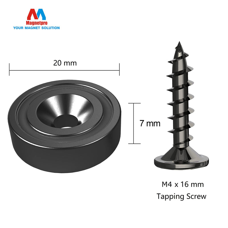 Magnetpro 12 Pieces 22 lbs Force Neodymium Magnets 20 x 7 mm with Steel Capsule, Black Pot Magnets with Black Counterparts and Black Screws