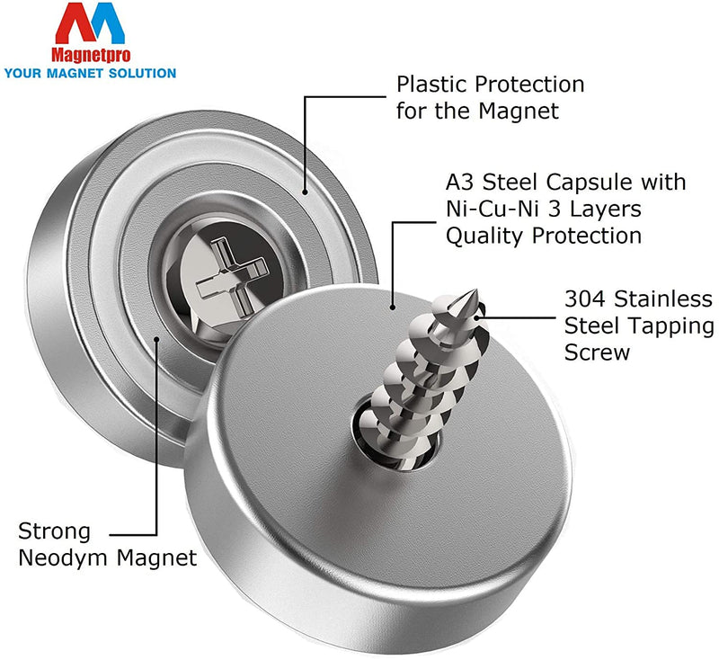 Magnetpro 6 Stück Magnete 10 KG Kraft 20 x 7 mm mit Loch und Kapsel, Senkkopf-Topfmagnet mit Schrauben und 6 Stahlkissen